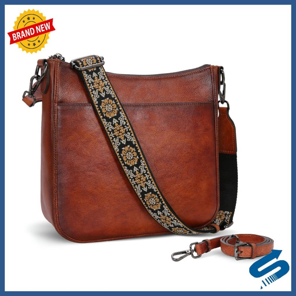 Genuine Leather Crossbody Bag With Guitar Strap, Multi-Pocket Design